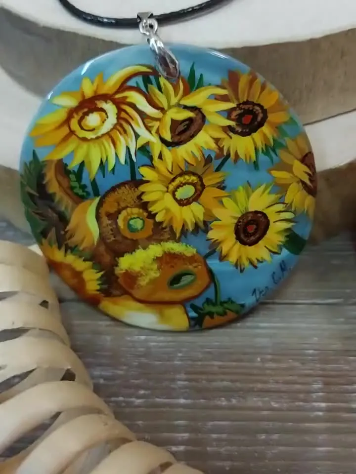 Sunflowers. In the style of Van Gogh. Mother-of-pearl. The Van Gogh pendant. Hand-painted necklace pendant. Hand painted miniature painting.