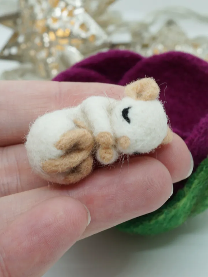 Miniature needle felted mouse sleeping in a purple flower, baby mouse, white mouse, made to order