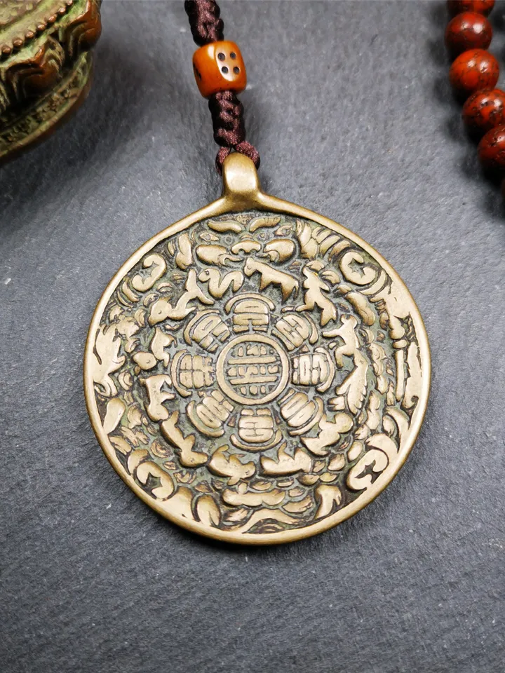 Gandhanra Antique SIPAHO(srid pa ho) Amulet, Tibetan Buddhist Astrology Calendar Badge,12 zodiac Melong Mirror, Jiugong Bagua,30 Years Old