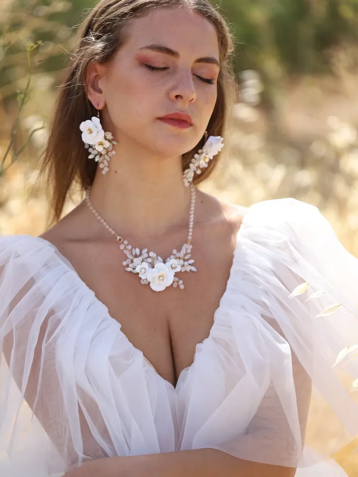 Boho Wedding Jewelry Set For Brides, Floral Bridal Earrings, Boho Wedding Earrings, Flower Wedding Earrings, Statement Wedding Jewelry Set