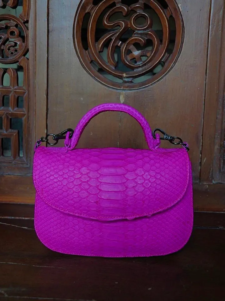 Genuine Python Skin Top Handle hot pink Crossbody Bag | Exotic Leather Bags | Snakeprint Bag | Handmade Designer Bag | Gift For Her