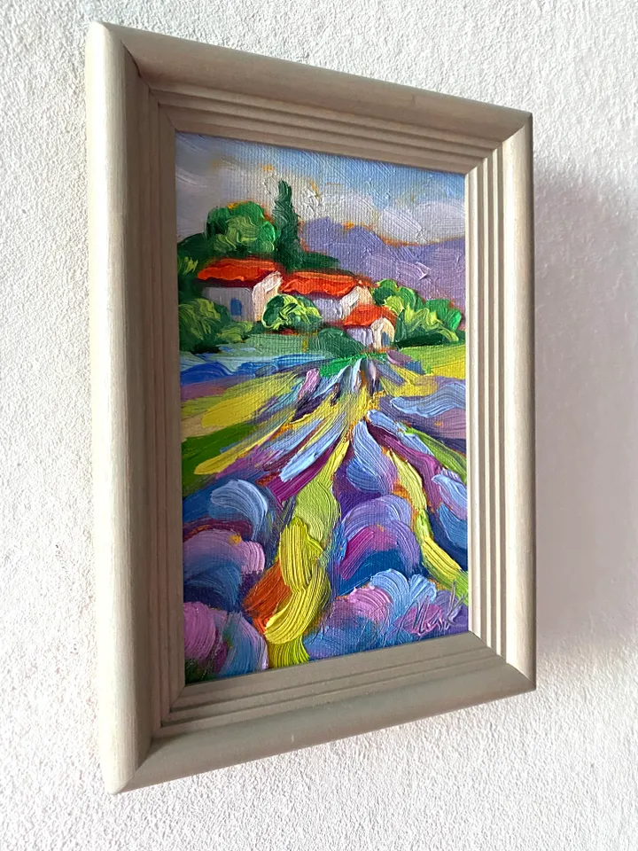 Lavender Fields Painting Tuscany Original Art Landscape Oil Painting Impasto Small Artwork 4x6 Tuscan Serenity Painting Wild Flowers