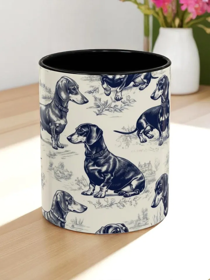 Dachshund French Toile de Jouy Ceramic Mug, Toile Coffee Cup for Doxie Mom, Sausage Dog Lover Gifts, Dog Tea Drinkware, Gift For Dog Lovers