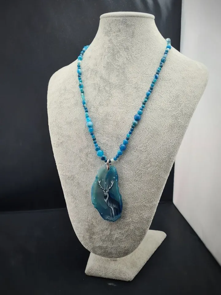 Deer necklace Agate necklace Real oil painting of deer Lacquer miniature