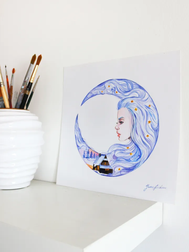 Moon Goddess Painting Moon Original Art Crescent Moon Watercolor Night Goddess Artwork