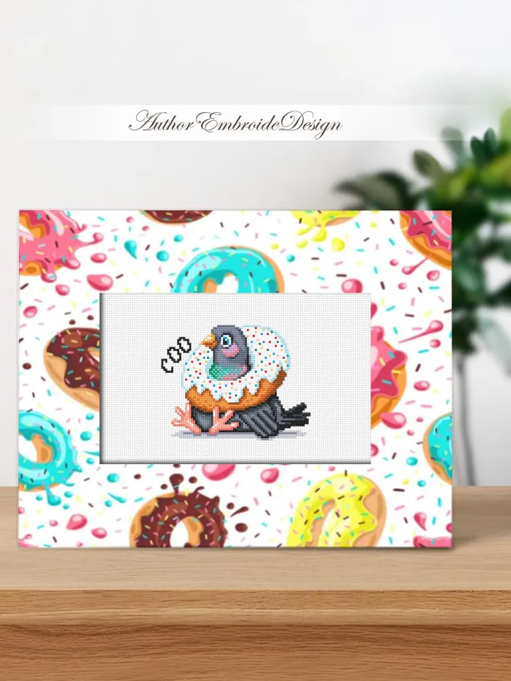 Pigeon with donut cross stitch pattern PDF download Funny bird cross stitch chart, Small pigeon pattern digital PDF, Bird lover gift #K54