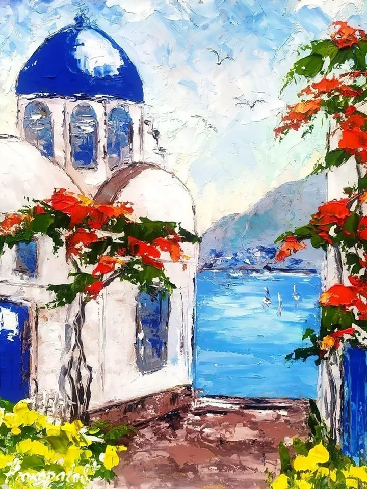 Santorini Painting Greece Original Art Impasto Oil painting 12x10 Greece Wall Art Greece Painting Greek Art Small Painting by ArtProkopaloSv