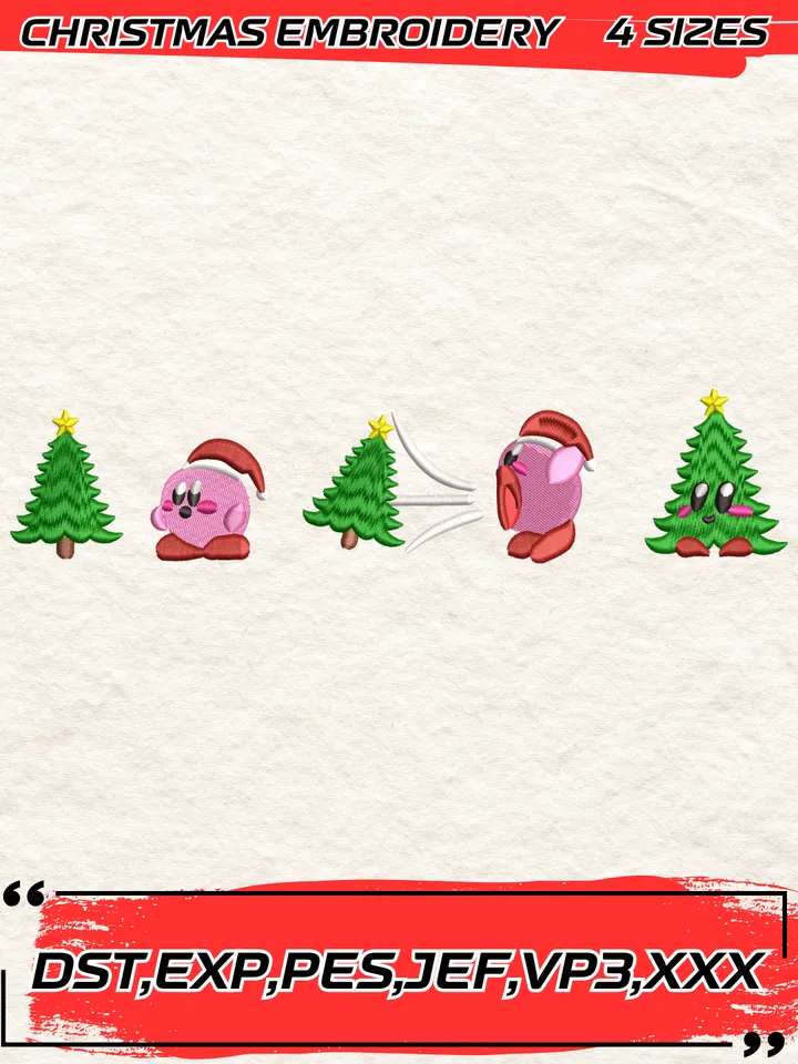 Funny Kirby Christmas Tree Embroidery Design, Kirby Embroidery Digitizing File,Christmas Embroidery Design,4 Sizes,Digital Download