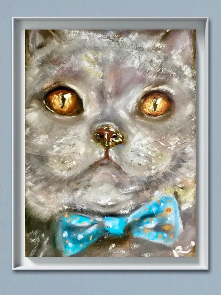 British cat with a bow tie original spft pastel painting on pastel cardboard,funny animals painting,cats painting,cat lovers gift,wall art.