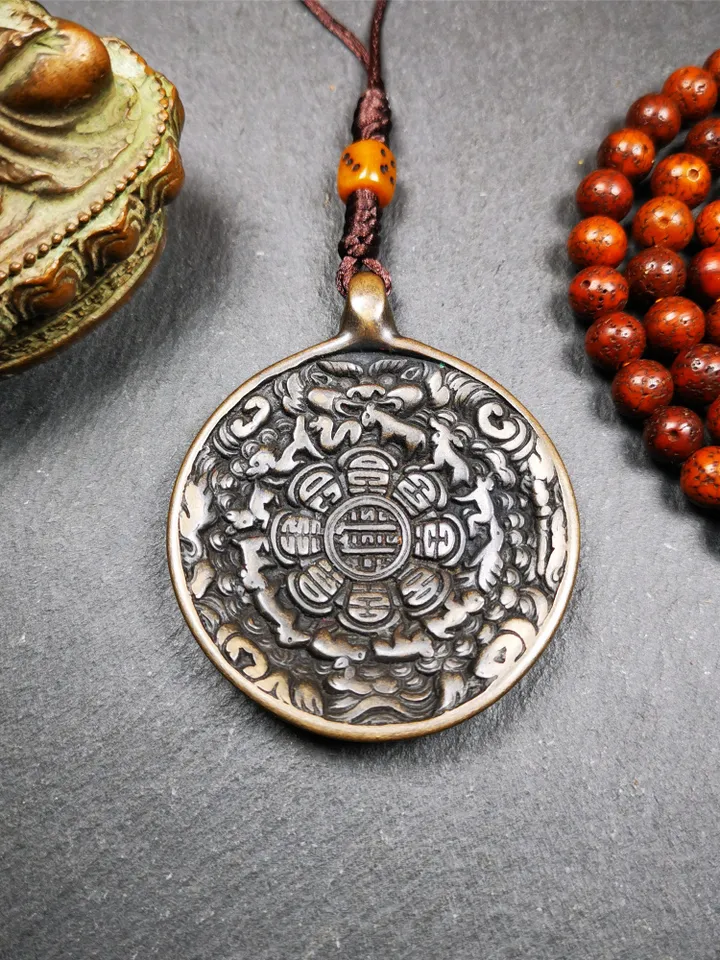 Gandhanra Antique SIPAHO(srid pa ho) Amulet, Tibetan Buddhist Astrology Calendar Badge,12 zodiac Melong Mirror, Jiugong Bagua,30 Years Old