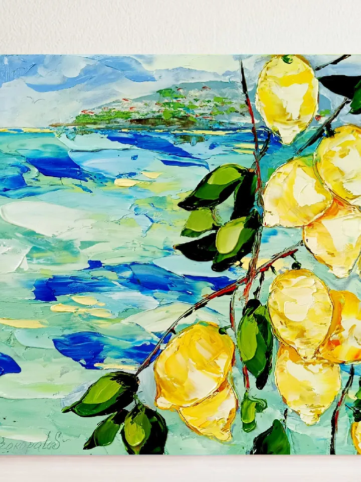 Lemon Painting Italy Seascape Original Art Impasto Oil Painting Coastal Painting Painting Amalfi Art Italy Painting by ArtProkopaloSv