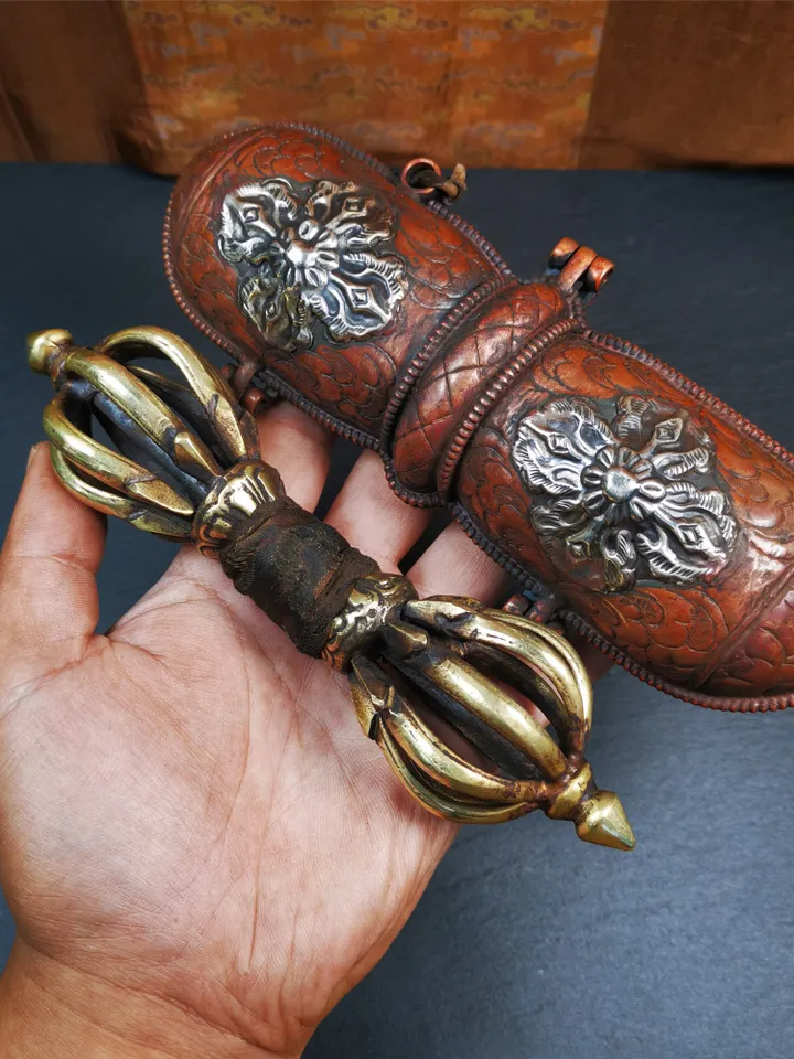 Gandhanra Vintage Vajra Dorje with Copper Case ,Tibetan Tantric Buddhism (Vajrayana) Ritual Implement,Handmade in Nepal,7.88"