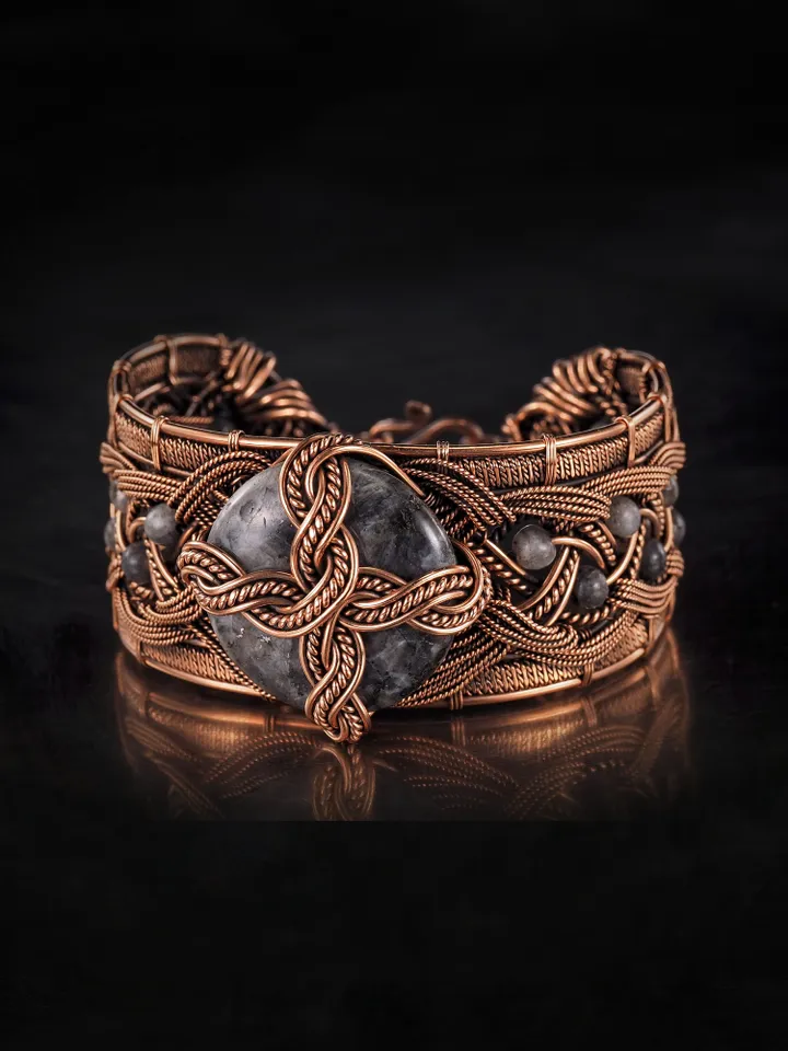 Copper wire wrapped larvikite bracelet Unique bangle 7th Wedding Anniversary