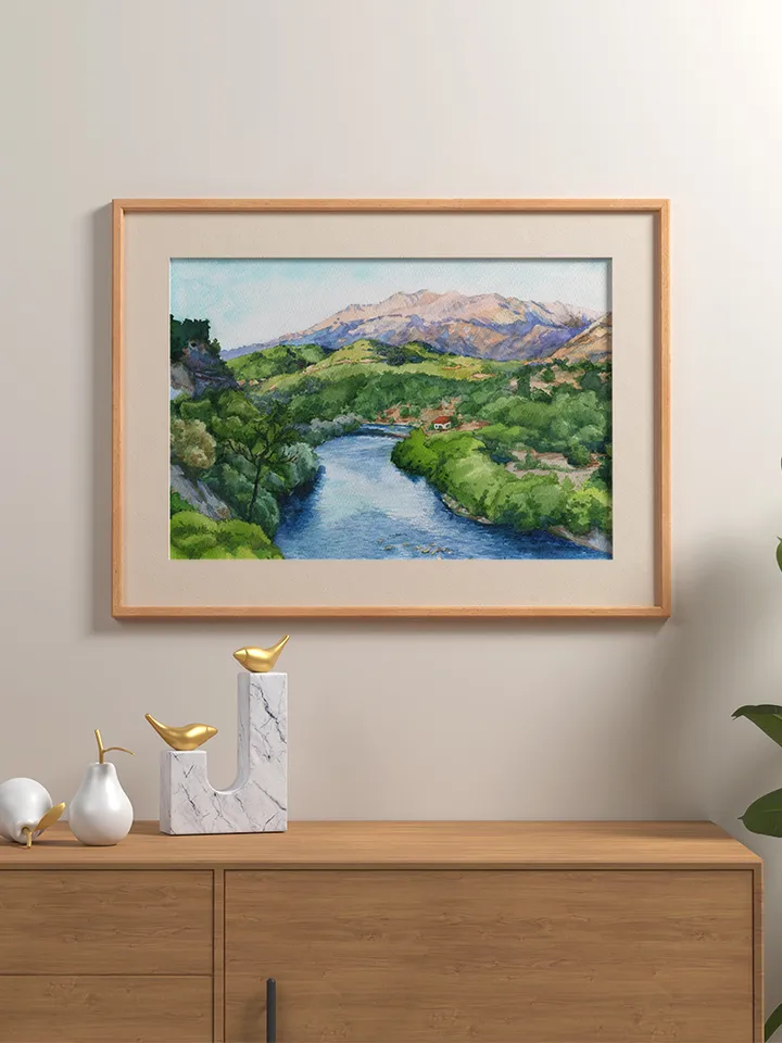 River in the mountains Watercolor painting for printing Digital file Large poster