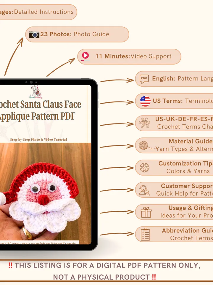 Crochet Santa Claus Face Applique - Crochet Xmas Tree Decor - Beginner-Friendly Crochet Santa Claus Pattern