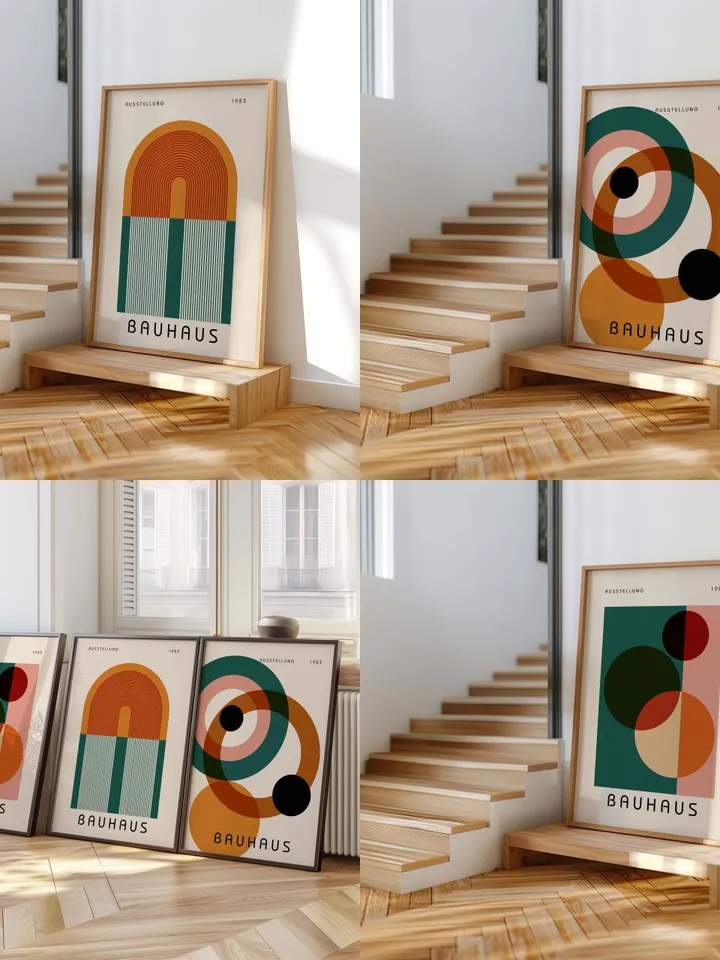 Bauhaus Set of 3 Prints, Vintage Mid Century Modern Posters, Retro Geometric Gallery Wall Set, Minimalist Trendy Wall Decor Digital Download
