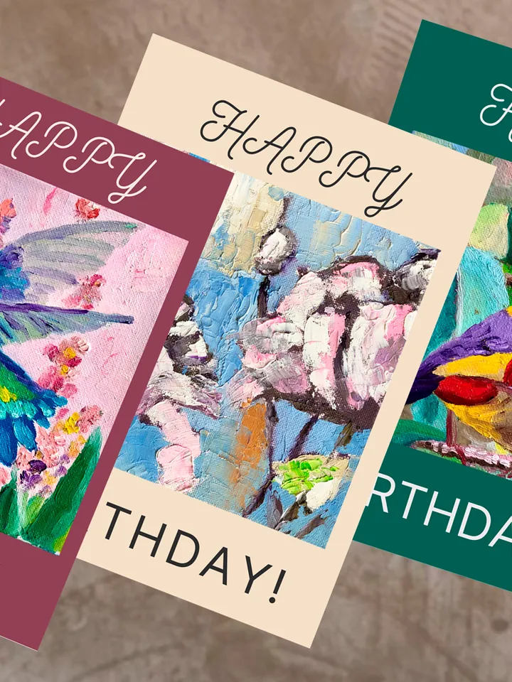 Digital greeting cards, Set of 3 Birthday card with bird, Goldfinch, Hummingbird, Abstract Flower Printable cards