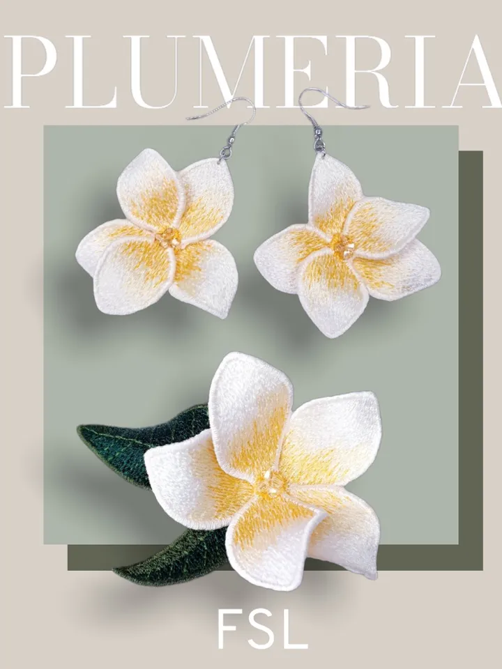 Plumeria brooch and earrings FSL machine embroidery designs Free standing lace embroidery pattern 3D flower embroidery motif Flower FSL