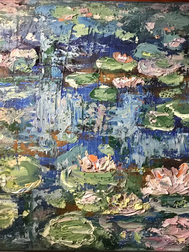 Waterlillies original oil painting on stretched canvas,textured impasto painting,pond of waterlilles,impressionistic,wall hanging,gift.