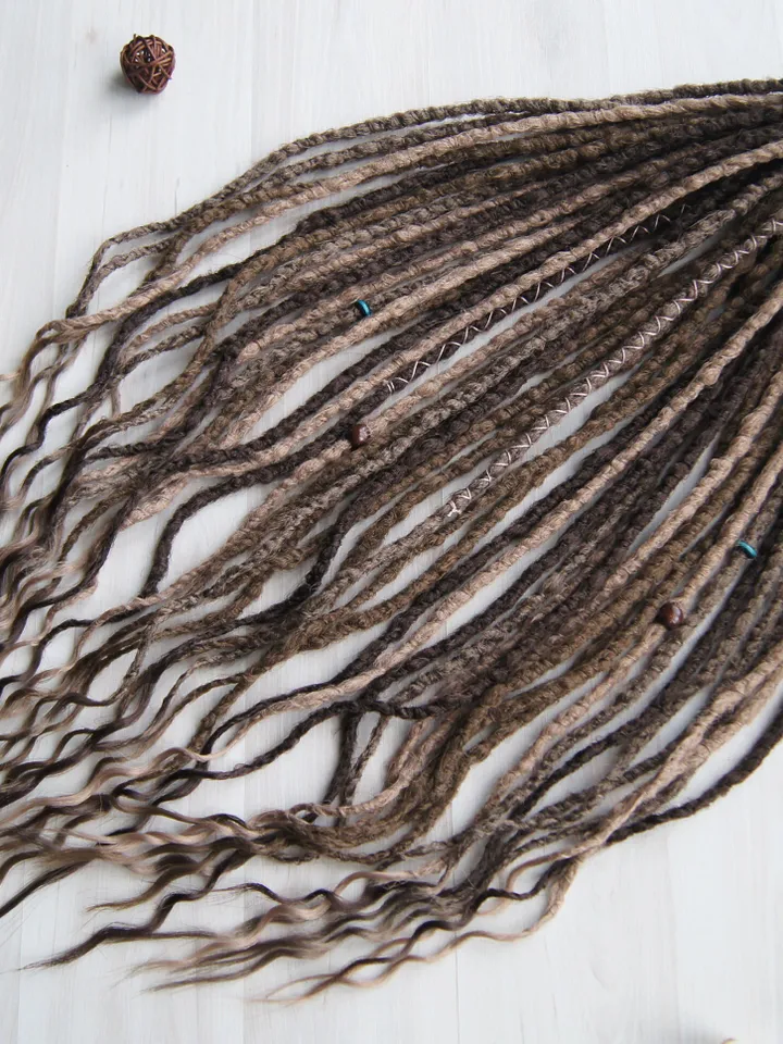 Wavy Synthetic Dreadlock Extensions in Ash Brown with Boho Beads and Wraps for Natural Looking Festival Hairstyles