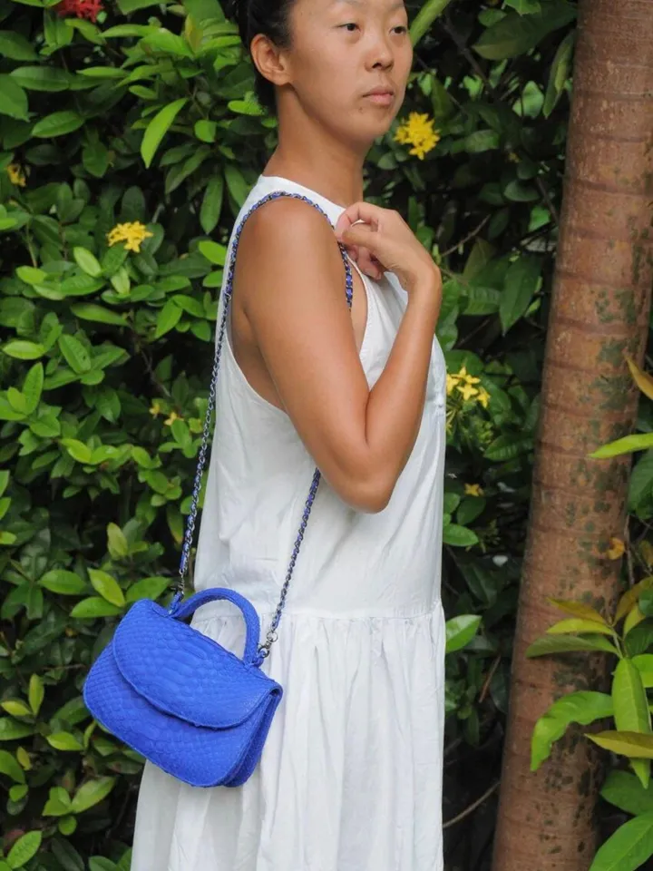Genuine Python Skin Top Handle Bright Blue Crossbody Bag | Exotic Leather Bags | Snakeprint Bag | Handmade Designer Bag | Gift For Her