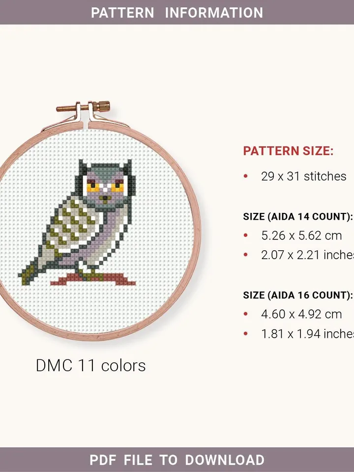 Mini Owl bird Cross stitch pattern, contemporary, Abstract, forest, beginner counted, modern chart, DIY, embroidery, instant, Digital PDF