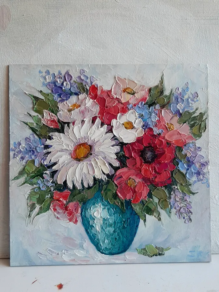 Small Flower oil painting Wildflowers Original art PoppiesTextured Vaze wall art Yellow flowers painting