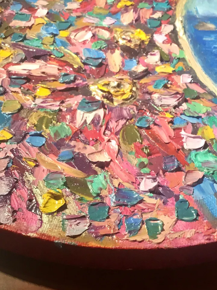 Fantasy mix media seascape and flowers painting,oil impasto painting,colourful wall art on round canvas,unique handmade gift home decor.