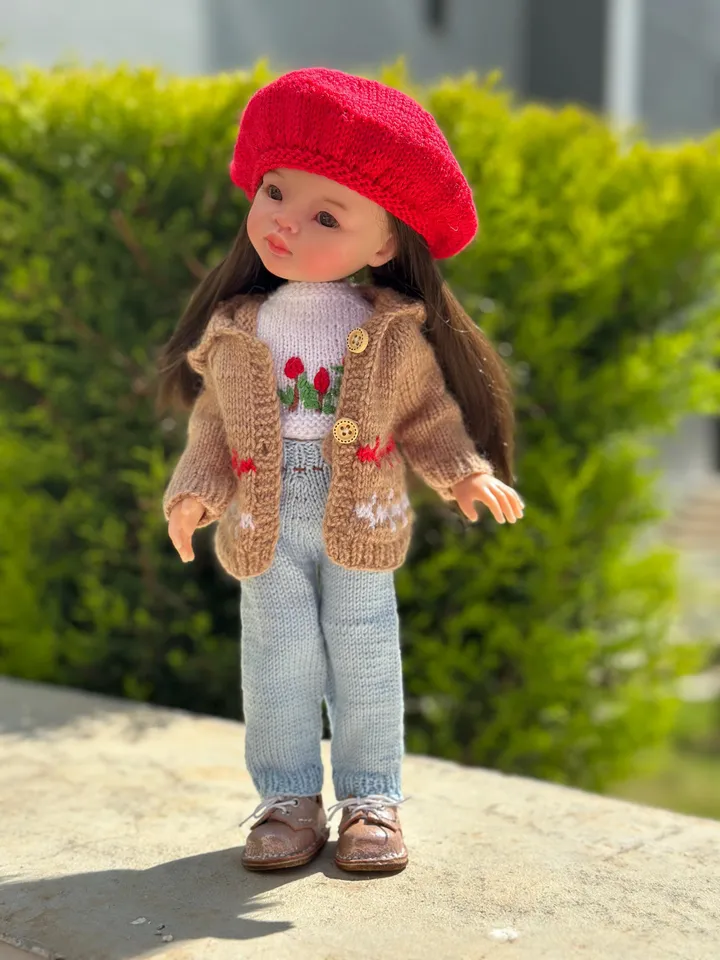 5 ITEMS Set: Cardigan, T-Shirt, Beret, Jeans, Shoes - Exclusive Handmade Outfit - Paola Reina Doll