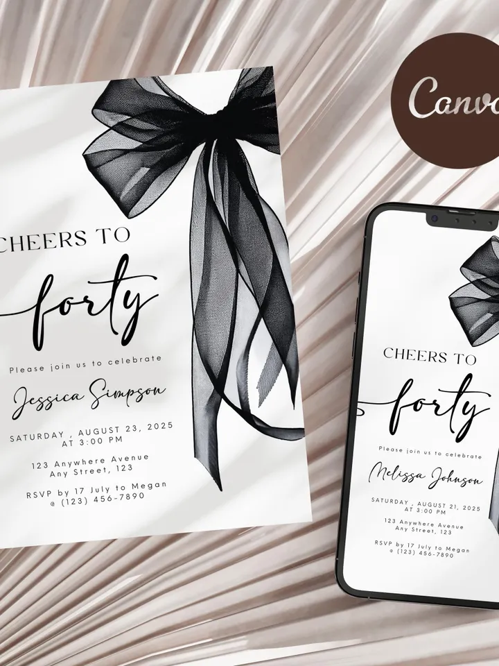 Coquette Black Bow 40th Invitation, Editable Fortieth Birthday Party Invite, DIY Digital Black Ribbon, Cheers to Forty Invite