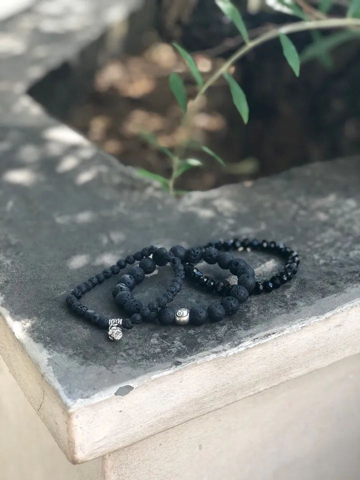 Set of Four Lava and Crystal Black Handmade Bracelet | Woman Bracelet Set | Lava Carka Buddha Ying Yang Spiritual Bali Oil Diffuser Jewerly
