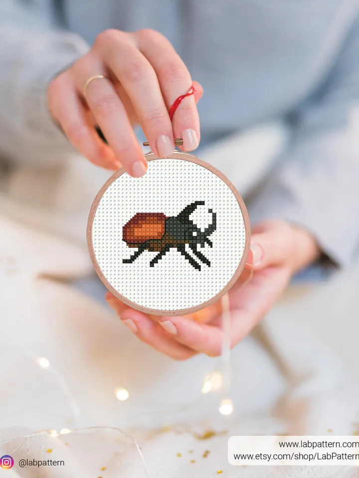 Rhinoceros beetle Cross stitch pattern, contemporary nature, mini insects, beginner counted, modern chart, gift DIY, embroidery, instant PDF