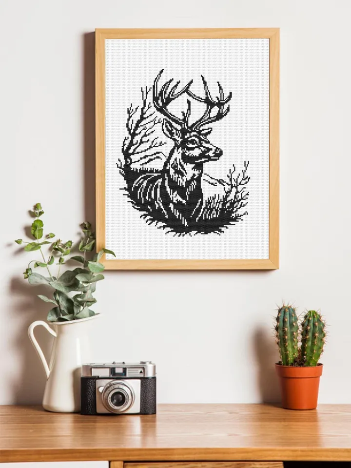 Woodcut deer cross stitch pattern PDF download Animal cross stitch chart Monochrome deer pattern digital PDF Deer silhouette embroidery #L90