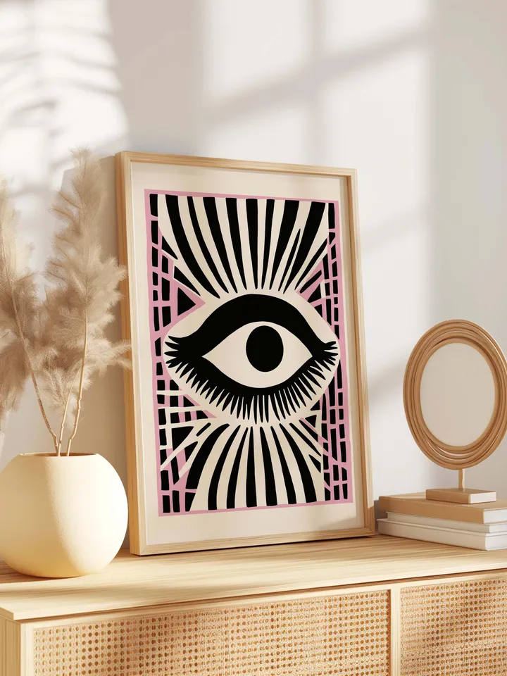 Eye Art Print Set, Bold Eye Poster, Pink Accent Graphic Print, Abstract Eye Wall Art, Minimal Eye Illustration, instant Digital Download