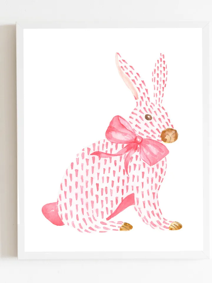 Pink Rabbit and Bow Painting, Watercolor Bunny Print, Pink Bow Art, Chinoiserie Wall Art, Nursery Wall Print, Girls Room Decor, Asian Print