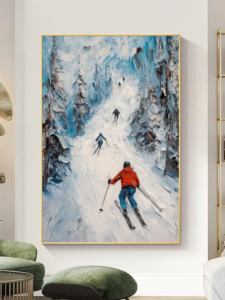 Skiing Painting, Winter Sports Art, Impasto Snow Landscape, Mountain Art, Downhill Skiing, Textured Wall Art, Original Painting,Office Decor