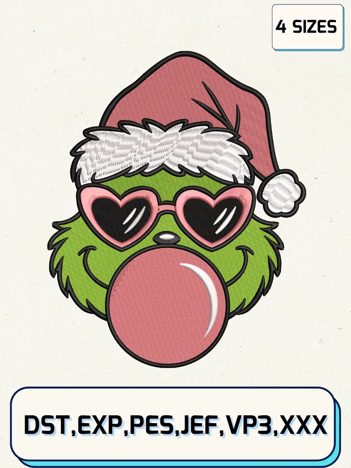 Pink Christmas Grinch Blowing Bubble Heart Sunglasses Embroidery Design Files,Christmas Embroidery Designs,Machine Embroidery Files,4 Sizes