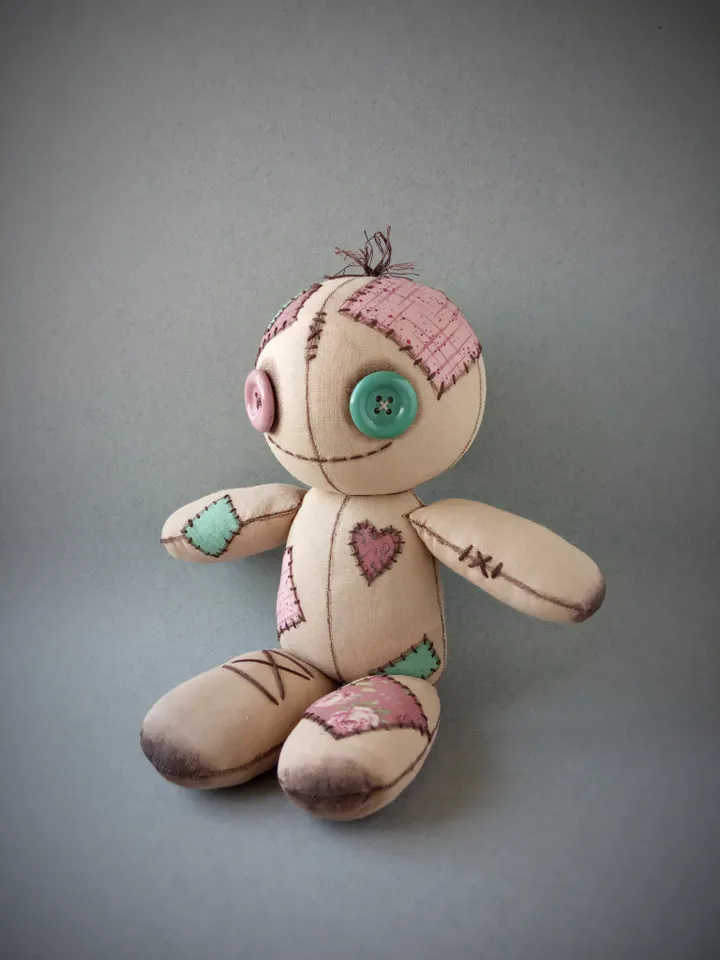 Handmade Doll With Button Eyes - Pink & Green