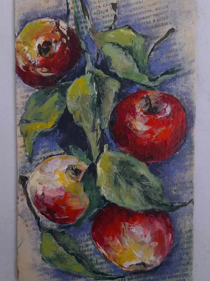 Miniature oil painting Apples on a branch 21x12,5 cm (8.28 х 5 inches)