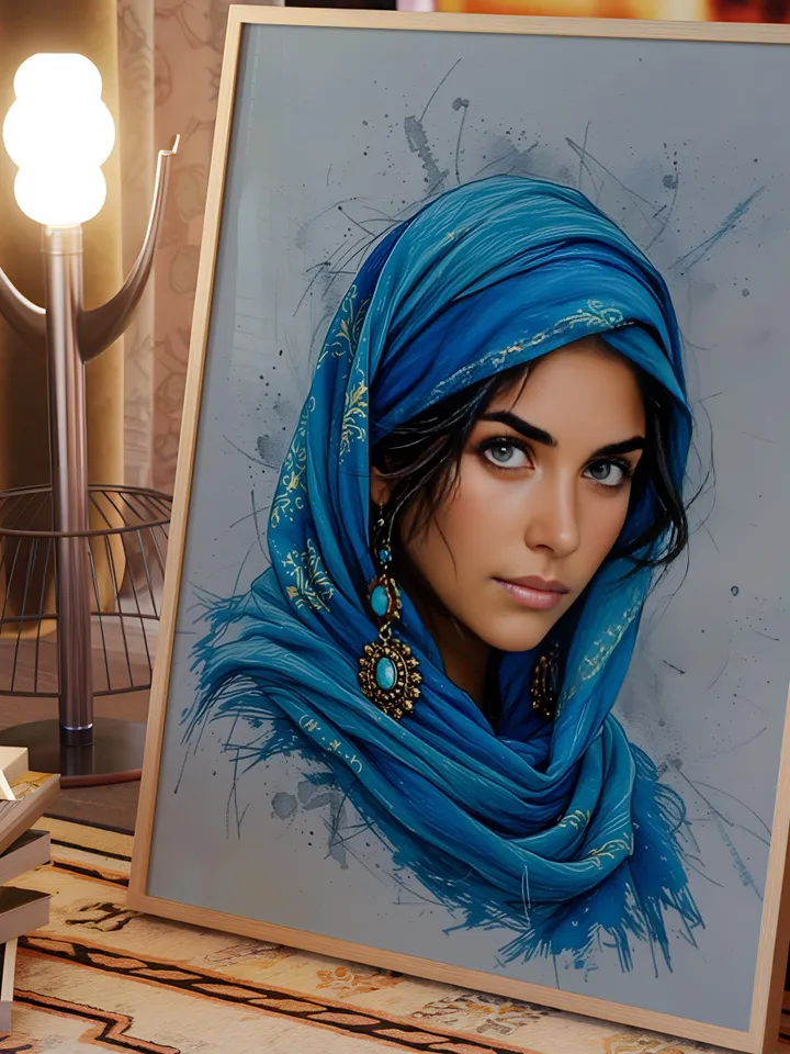 Afghan Woman Portrait Wall Art Modern Indigo Print Middle Eastern Heritage Poster Arab Woman Artwork Blue Gallery Digital Download
