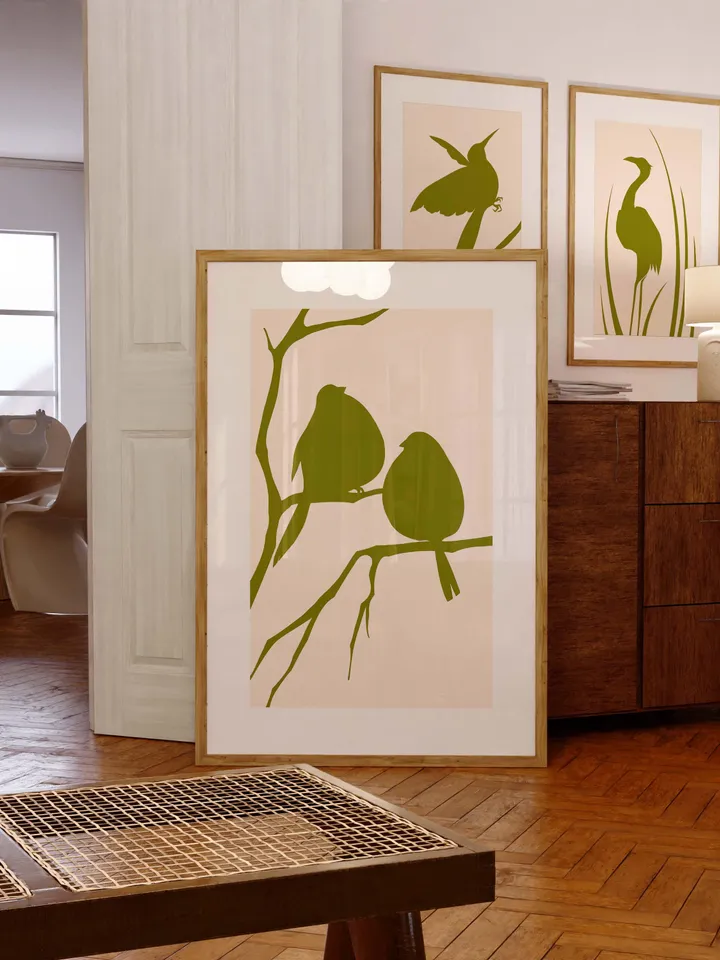 Minimalist Bird Wall Art Boho Bird Poster Abstract Nature Silhouettes Modern Olive Green Decor Scandinavian Style Contemporary Bird Digital