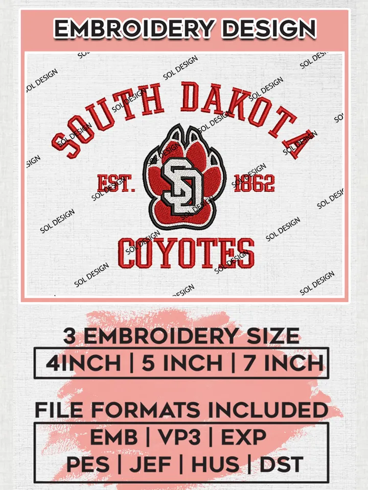 South Dakota Coyotes Est 1862 Logo Embroidery Designs, NCAA South Dakota Coyotes Team Embroidery, NCAA Team Logo, 3 sizes, Machine embroidery Files, Digital Download