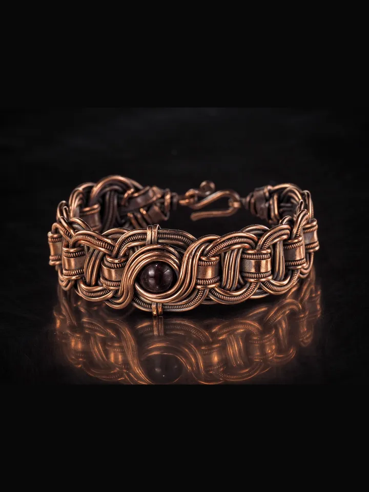 Copper wire wrapped garnet bracelet Unique bangle 7th Wedding Anniversary