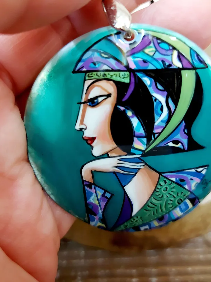 Pendant "In purple tones 2" Mother-of-pearl Hand-painted Art gift Russian necklace, fine art jewelry Fedoskino