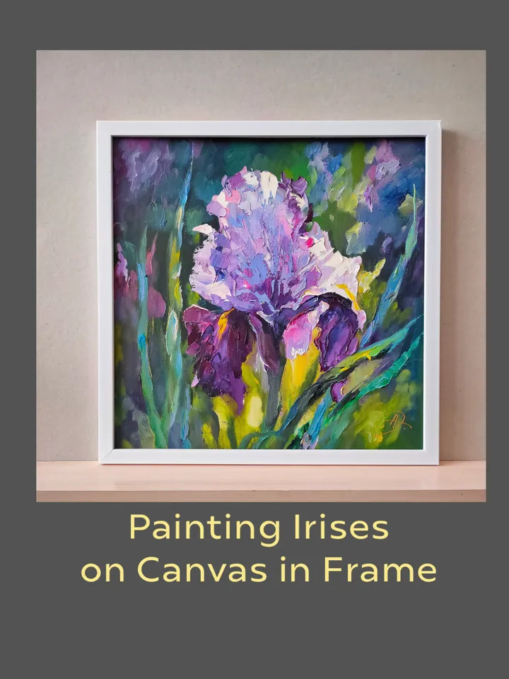 Flowers Irises Oil Canvas on Cardboard Original Art Painting Impasto Palette Knife 16 x 16 inches by Artist Natalia