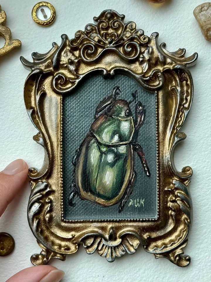 Framed Insect Oil Painting Original Entomology Art Beetle Painting Gold Frame Dark Academia