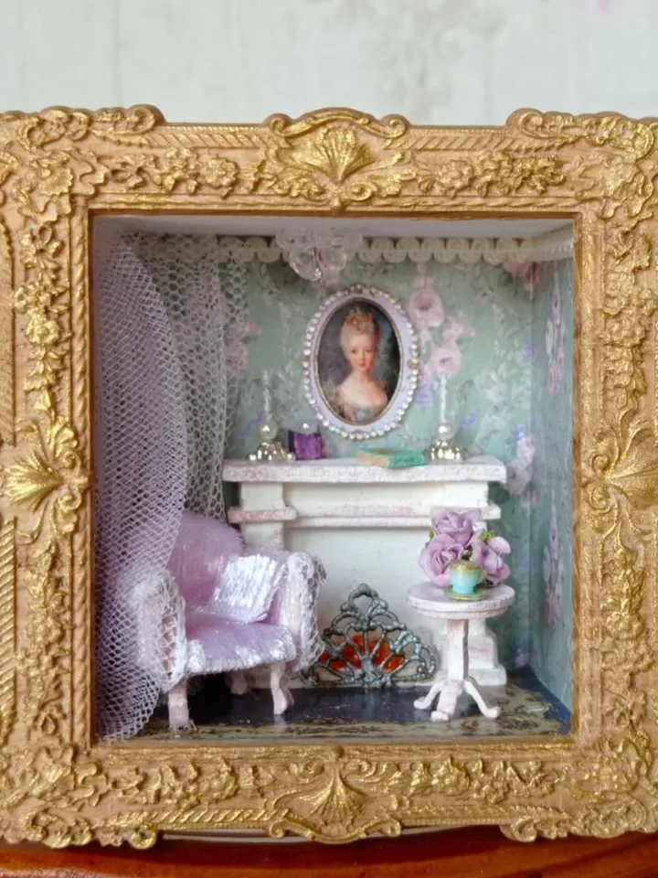 Miniature living room with white fireplace, miniature 1/48 scale dollhouse with furniture