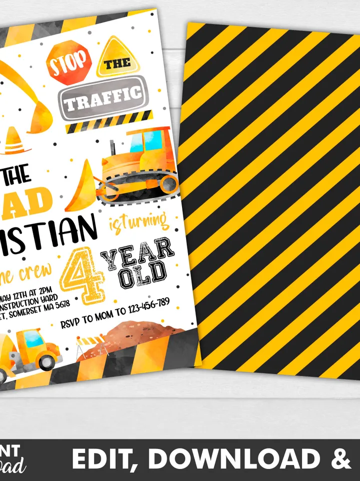 Construction Invitation, Construction Birthday Party Invitation, Dump Truck Party Invite Instant Download Editable Template Digital File