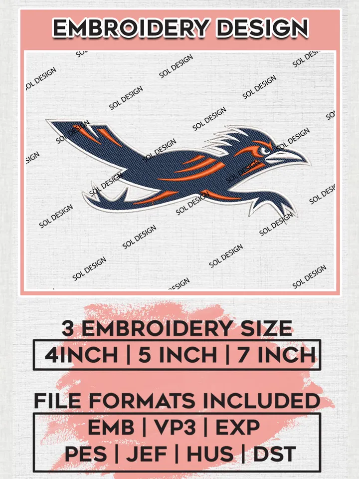 NCAA UTSA Roadrunners Football Team Mascot Logo Embroidery Design Files, NCAA UTSA Roadrunners Machine Embroidery, NCAA Teams, 3 sizes, NCAA Machine embroidery designs, Digital Download
