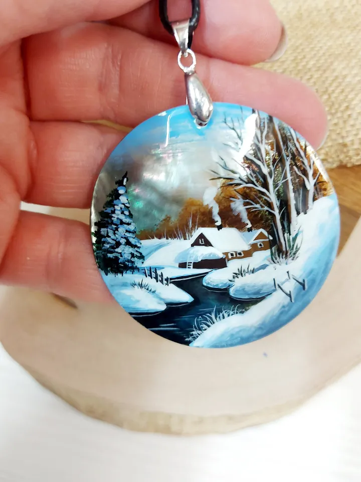 Nice Pendant Winter landscape. River. Mother-of-pearl Russian hand painting. Hand-painted necklace pendant. Hand painted miniature painting